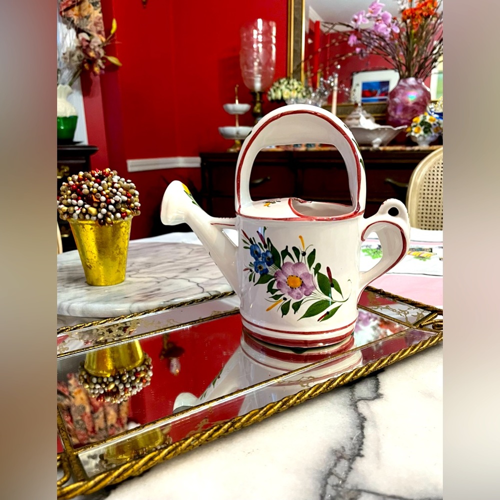 Vintage Ceramic Watering Can Hand Painted 2Handle Portugal Floral FarmhouseDecor
